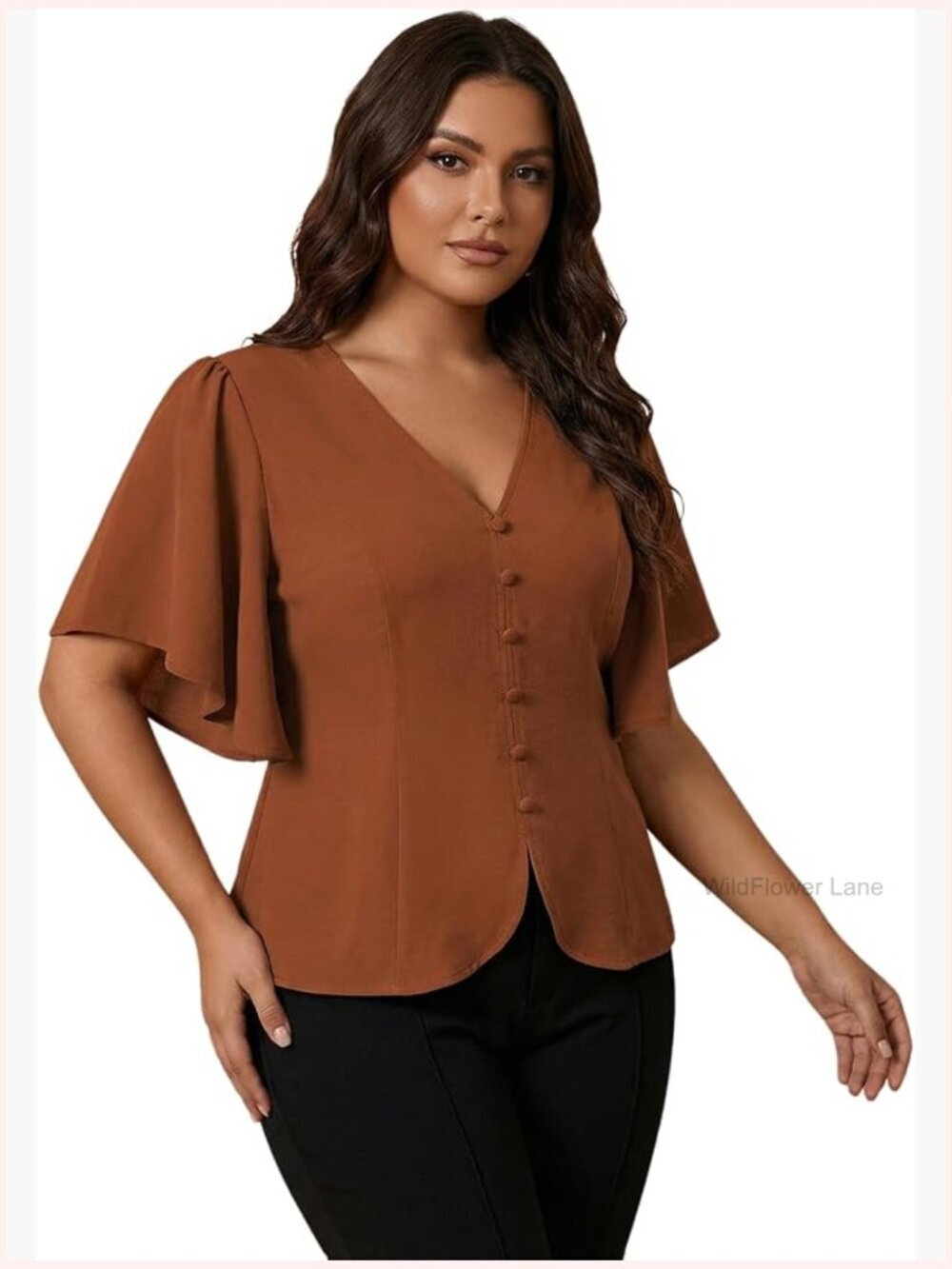 Plus Size Ruffle Short Sleeve Blouse Dressy Casual Button Front V Neck Summer